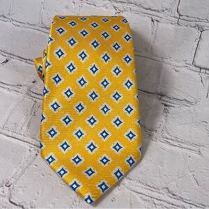 Kiton Napoli Yellow Silk Tie With Blue And White Diamond Pattern Made in Italy